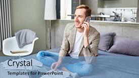  Presentation with bed - Presentation theme having smartphone with laptop and papers background and a  colored foreground