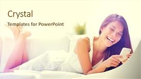  Presentation with smartphone app - Audience pleasing theme consisting of smartphone woman using app backdrop and a white colored foreground