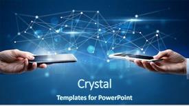  Presentation with two people holding hands - Amazing PPT theme having smartphones and sharing business data backdrop and a ocean colored foreground