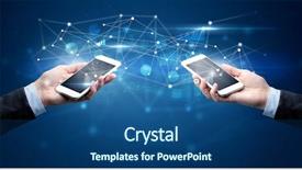  Presentation with hands holding - PPT theme consisting of smartphones and sharing business data background and a ocean colored foreground