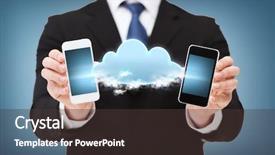  Presentation with black technology - Colorful slide set enhanced with business connectivity internet and technology concept - businessman showing two smartphones black connected with cloud backdrop and a tawny brown colored foreground