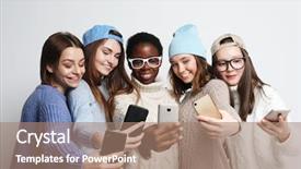  Presentation with african american women - Slide deck having smartphones chatting in social network background and a coral colored foreground