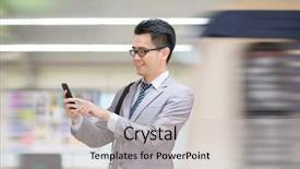  Presentation with smart - PPT theme featuring smartstation - asian business man using smart background and a soft green colored foreground