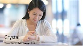  Presentation with smart - Audience pleasing presentation design consisting of smartstation - woman use of smart watch backdrop and a soft green colored foreground