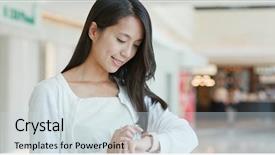  Presentation with smart - Beautiful PPT theme featuring smartstation - woman use of smart watch backdrop and a sky blue colored foreground