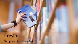  Presentation with smartwatch - Theme enhanced with smartwatch picking book from bookshelf background and a coral colored foreground