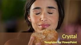  Presentation with happy smiling woman dental health - Beautiful theme featuring smell - smiling woman smelling a bread backdrop and a tawny brown colored foreground