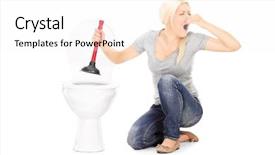  Presentation with toilet - Colorful PPT layouts enhanced with smelly - woman unclogs a stinky toilet backdrop and a white colored foreground