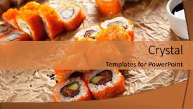  Presentation with fresh avocado - Amazing presentation design having smelting - maki sushi with masago backdrop and a  colored foreground