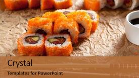  Presentation with set of sushi salmon - Colorful PPT layouts enhanced with smelting - maki sushi with masago backdrop and a  colored foreground