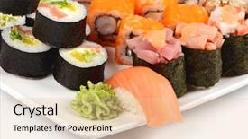  Presentation with vietnamese food spring roll - PPT theme featuring smelting - tasty food sushi roll background and a  colored foreground