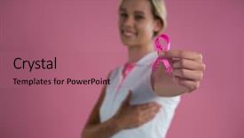  Presentation with pink ribbon breast awareness - Presentation enhanced with smi - portrait of smiling female background and a coral colored foreground