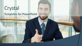  Presentation with business partner - Amazing PPT layouts having smiing employer pointing at business backdrop and a  colored foreground