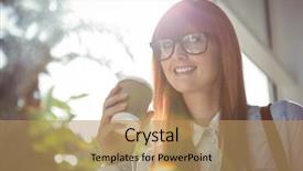  Presentation with coffee cup diary - Slide set enhanced with smiing woman holding a cup background and a  colored foreground