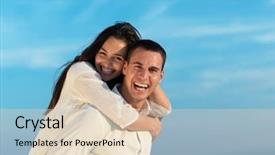  Presentation with young happy couple - PPT theme enhanced with smile at modern home outdoor background and a lemonade colored foreground