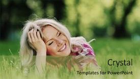  Presentation with green grass artificial top - Beautiful presentation design featuring smile blonde lying on green backdrop and a yellow colored foreground