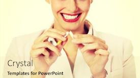  Presentation with cigarette - PPT theme featuring smile business woman breaking a cigarette background and a lemonade colored foreground