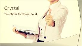  Presentation with show - Slide deck consisting of smile business woman holding open notes and show thumb up background and a cream colored foreground