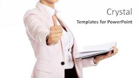  Presentation with show - Amazing PPT theme having smile business woman holding open notes and show thumb up backdrop and a white colored foreground