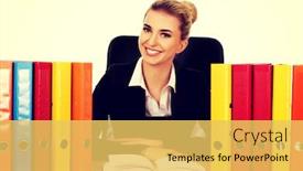  Presentation with desk - Theme consisting of smile-businesswoman-with-binders background and a yellow colored foreground