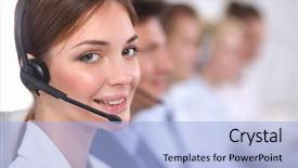  Presentation with call center - Amazing theme having attractive positive young businesspeople backdrop and a light blue colored foreground