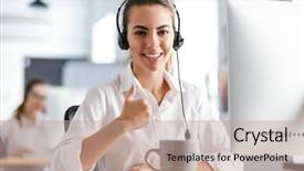  Presentation with microphone - Audience pleasing slides consisting of smiling young woman wearing microphone backdrop and a coral colored foreground