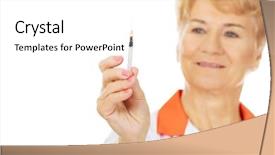  Presentation with syringe - Slide deck featuring smile elderly female doctor or nurse holds syringe background and a white colored foreground