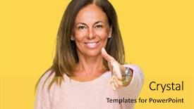  Presentation with win win in business - Colorful presentation design enhanced with smile greet - beautiful middle age adult woman backdrop and a yellow colored foreground