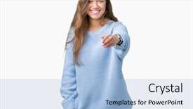  Presentation with blue handshake - Beautiful slide deck featuring smile greet - young beautiful brunette woman wearing backdrop and a light blue colored foreground