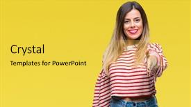  Presentation with young business woman smile show - Cool new slides with smile greet - young beautiful woman casual stripes backdrop and a yellow colored foreground