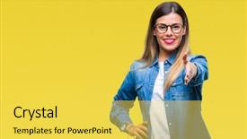  Presentation with friendly - Theme enhanced with smile greet - young beautiful woman over wearing background and a yellow colored foreground