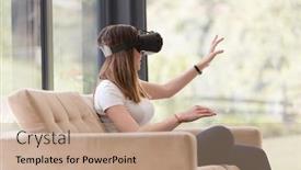  Presentation with experience - PPT layouts featuring smile happy woman getting experience using vr-headset glasses of virtual reality at home background and a coral colored foreground