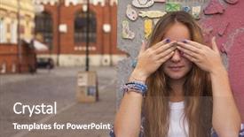  Presentation with close up baby girl knitted - Colorful PPT layouts enhanced with attractive brunette pointing towards setting sun wearing swim suit backdrop and a gray colored foreground.