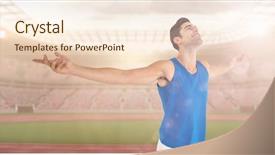  Presentation with older athlete runs - Colorful slide deck enhanced with smile olympics - excited male athlete with arms backdrop and a  colored foreground