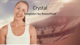  Presentation with athlete - Beautiful PPT theme featuring smile olympics - female athlete posing on white backdrop and a  colored foreground