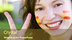  Presentation with victory team - PPT theme enhanced with smile olympics - spanish fan celebrating her team background and a tawny brown colored foreground