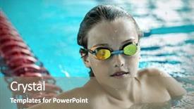 Presentation with wearing swimming goggles and cap - Presentation theme enhanced with smile olympics - swimmer child portrait of swimming background and a coral colored foreground