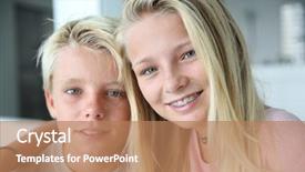  Presentation with cheerful stylish city girl using - Beautiful slide deck featuring braces - portrait of cheerful boy backdrop and a coral colored foreground