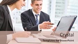  Presentation with meeting - Slide deck with smile professional life - happy business people background and a  colored foreground