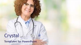  Presentation with middle ages portrait - PPT theme consisting of smile professional life - middle ager senior doctor woman background and a  colored foreground