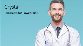  Presentation with camera - Slides with smile professional life - young handsome doctor man background and a light blue colored foreground