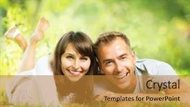  Presentation with young happy couple - Beautiful PPT theme featuring smile teeth - happy smiling couple outdoors relaxing backdrop and a gold colored foreground