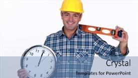  Presentation with carpenter - Presentation design with smiles holding ruler and clock background and a  colored foreground