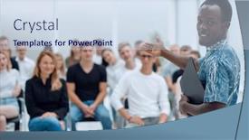  Presentation with audience - Audience pleasing presentation theme consisting of smiles-speaker-offering-to-join backdrop and a sky blue colored foreground