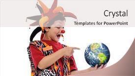  Presentation with planet earth on white - PPT layouts with smiley balls - young clown pointing at planet background and a  colored foreground
