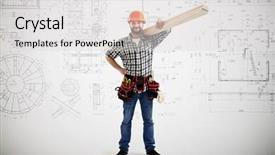  Presentation with builder - Slide set with smiley builder in uniform holding long wooden boards over grey wall with prints background and a light gray colored foreground