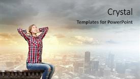  Presentation with idea - Colorful slides enhanced with smiley bulb - young pretty woman in casual backdrop and a  colored foreground