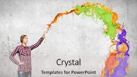  Presentation with idea - Presentation theme enhanced with smiley bulb - young pretty woman in casual background and a  colored foreground