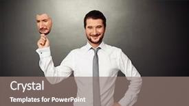  Presentation with sad - Presentation theme with smiley businessman holding sad mask background and a gray colored foreground