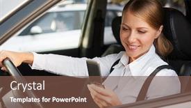  Presentation with sms - Slides consisting of smiley businesswoman sitting in the car and writing sms background and a tawny brown colored foreground